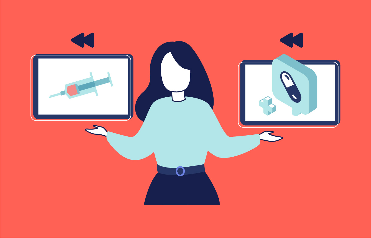 Woman comparing medical animation illustrations of a syringe and a pill